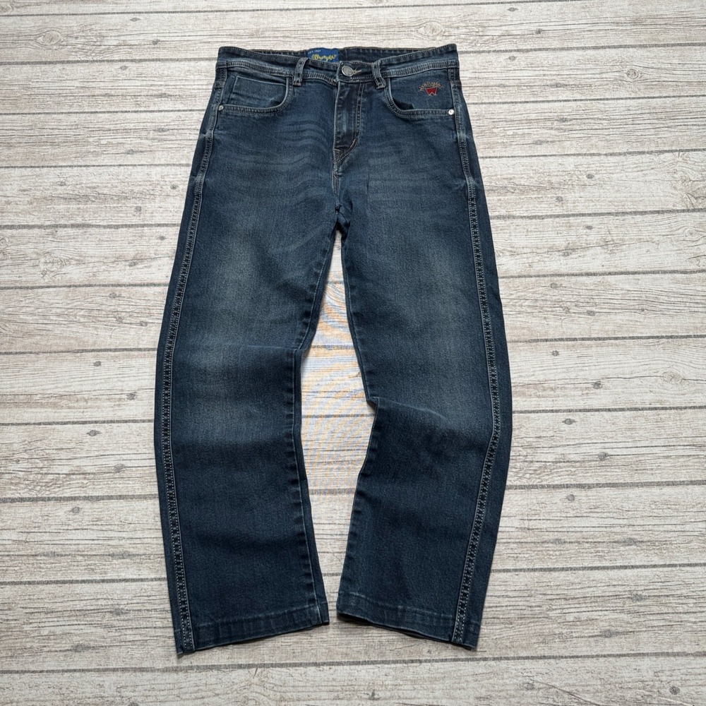 Wrangler Jeans Men's 32 Blue Dark Wash Denim Straight Leg Relaxed Fit Workwear